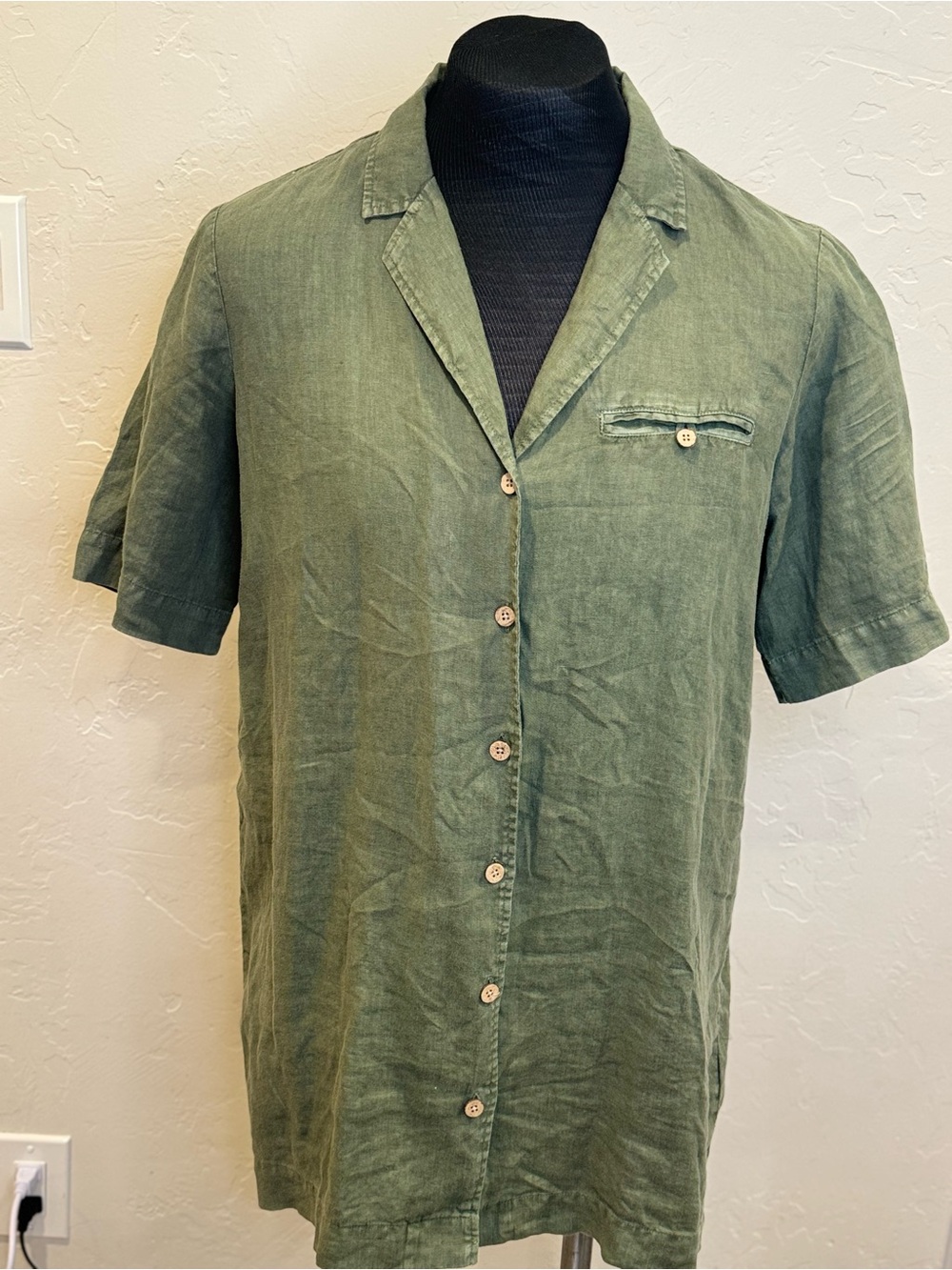 Faherty Olive Green Linen Short-Sleeve Button-Down Shirt 1306